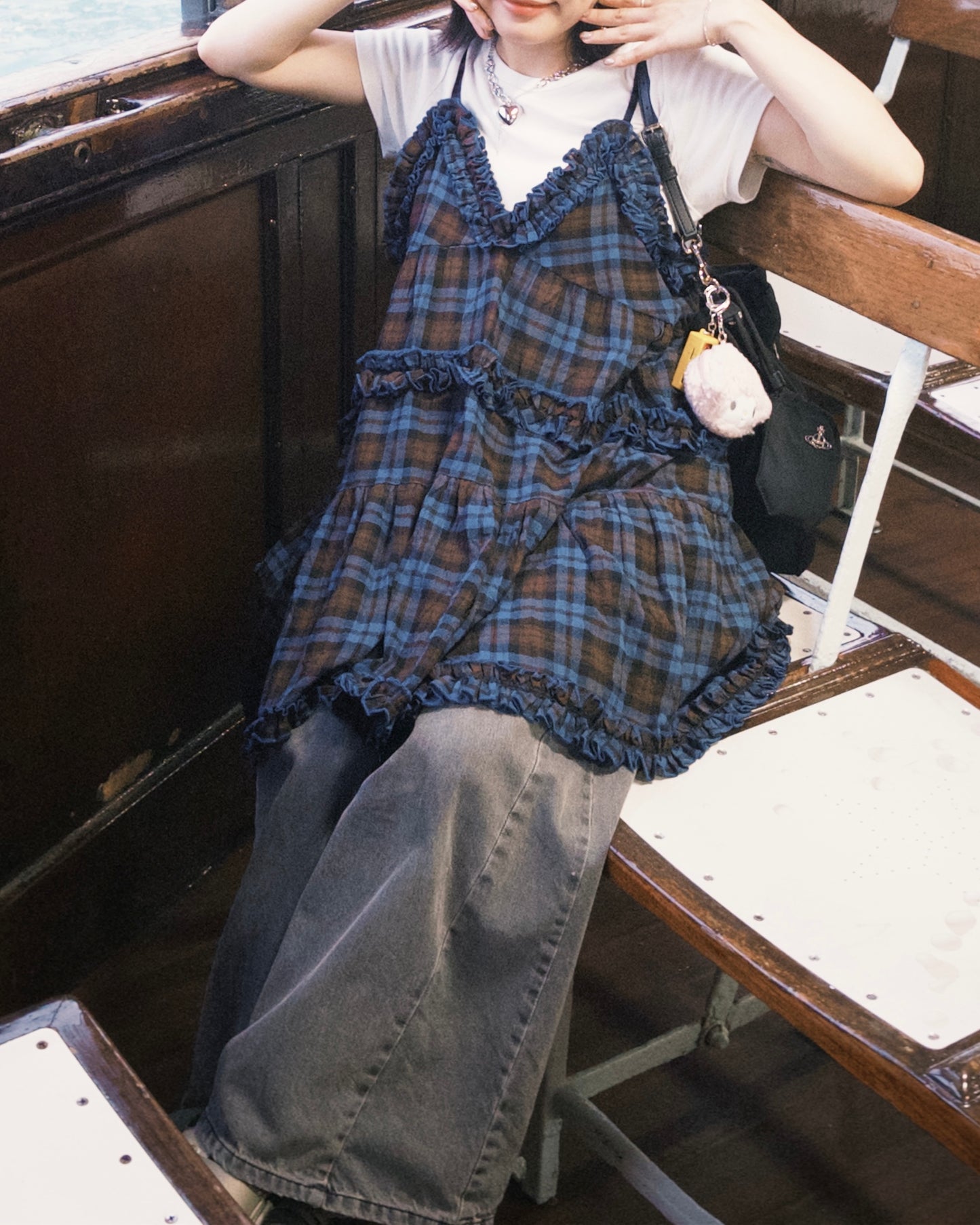 TP689- Ruffle Checked Vest Top | Navy