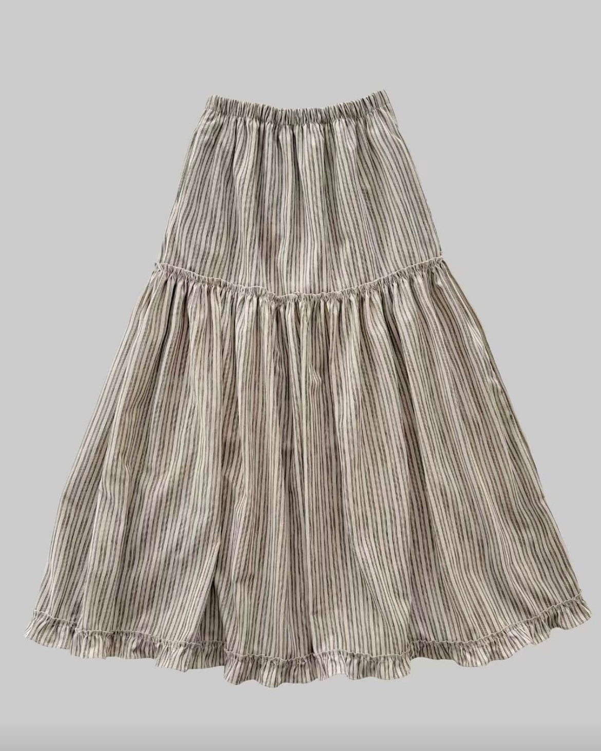 SK133- 薄燈芯絨條子Ruffle Skirt | Ivory | Brown