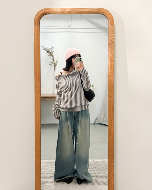 TP710- Off-shoulder Stripe Tee | Ivory | Charcoal