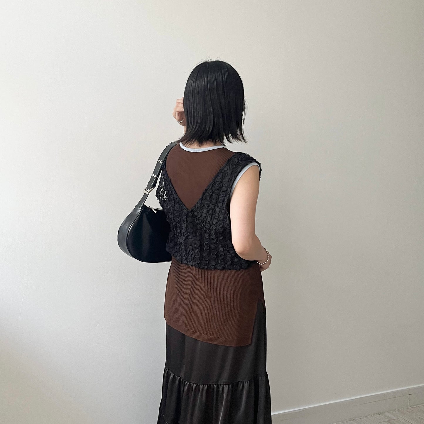 TP518- Color Sleeve Vest  Top | Ivory | Grey | Brown