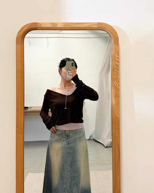 TP724- 軟熟斜肩短身長袖top | Grey | Brown | Green | Black