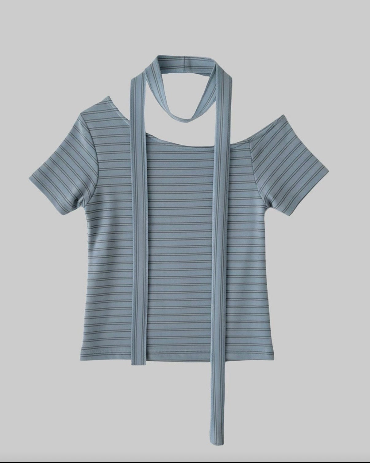 TP767- Stripe Off-shoulder Top With Neck Strap | White | Blue | Black