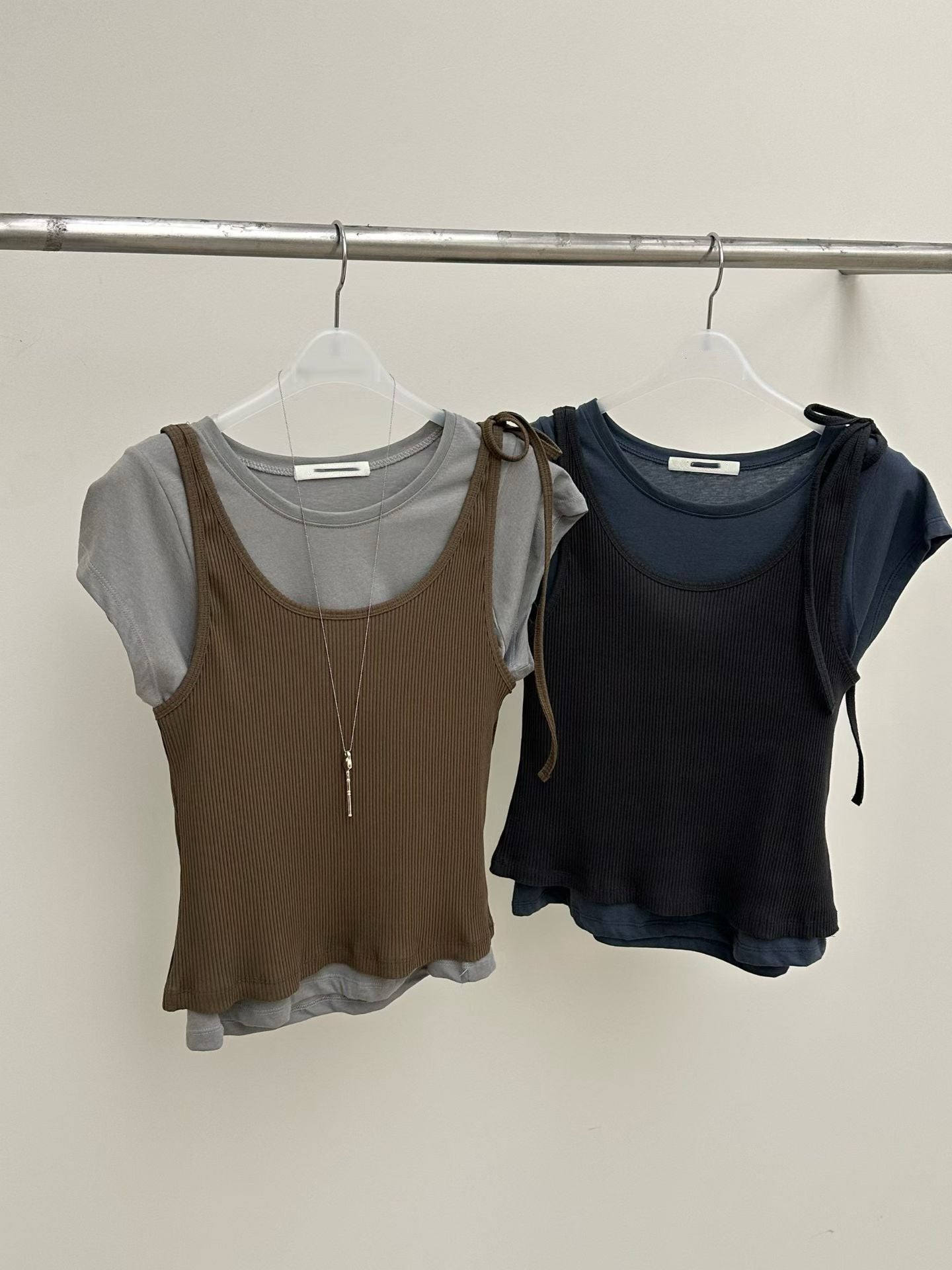 TP676- Side Ribbon Vest | Milk tea | Brown | Black