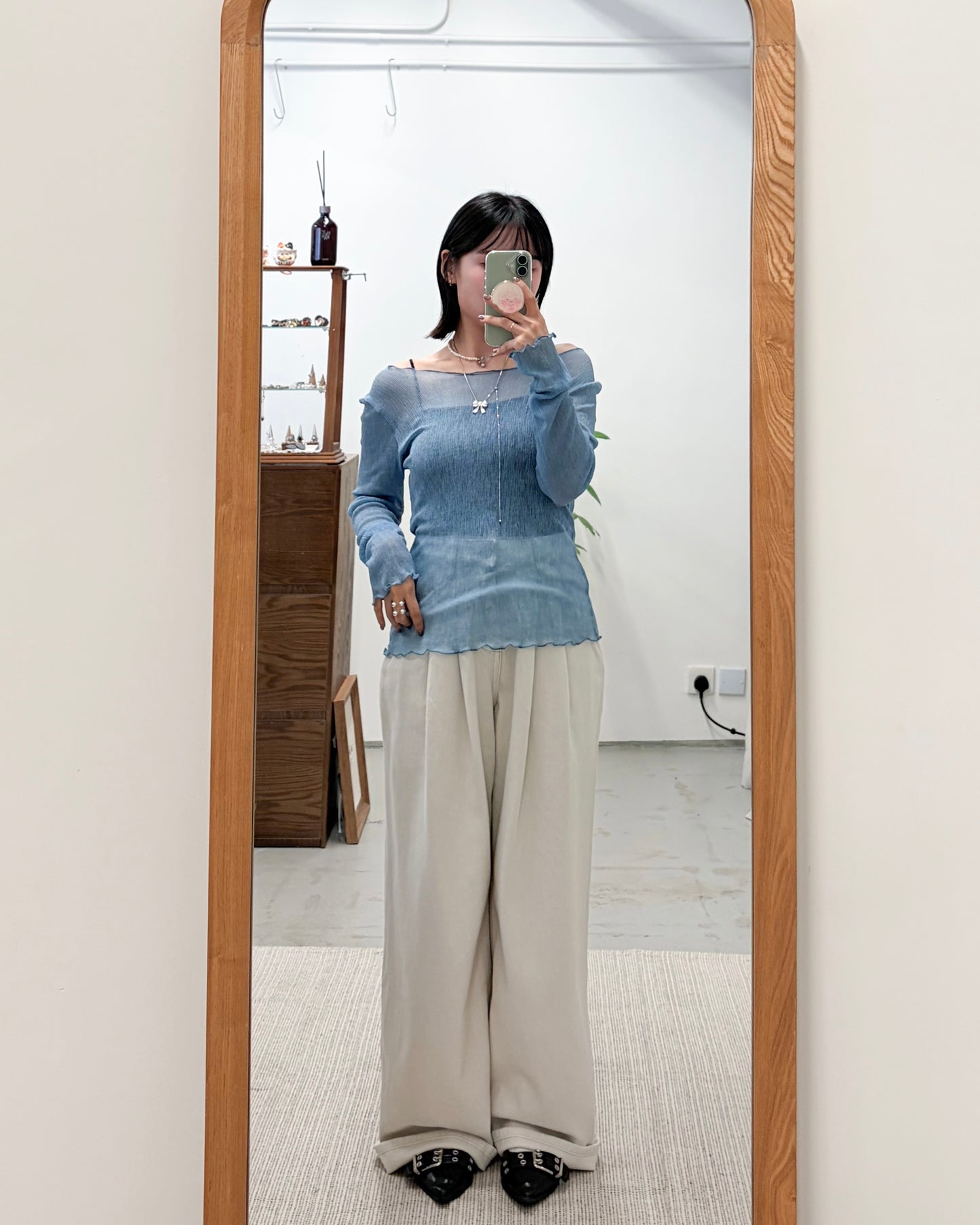 TP735- 樹紋 See-through Ruffle Top | White | Light grey | Grey | Blue | Black ( 超大彈性 )