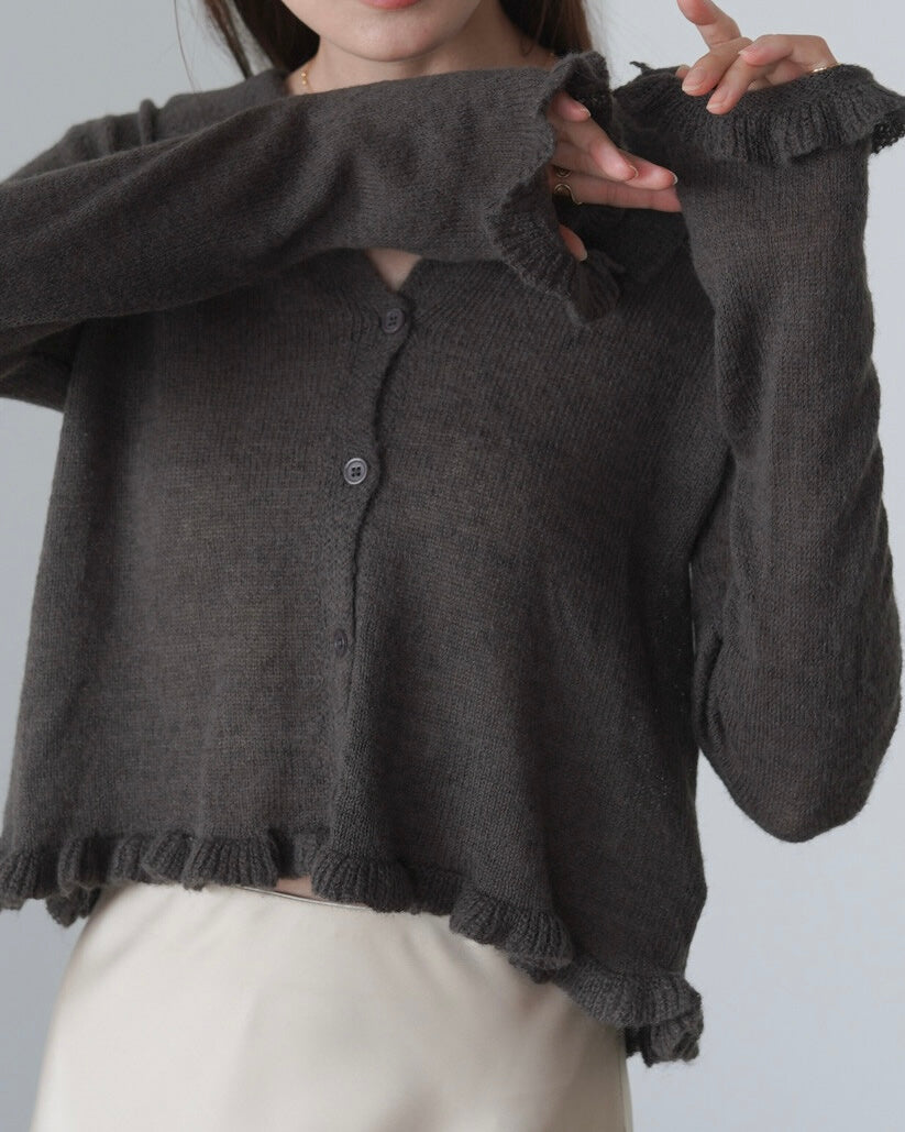 JK46- Ruffle Knit Cardigan | Grey | Brown