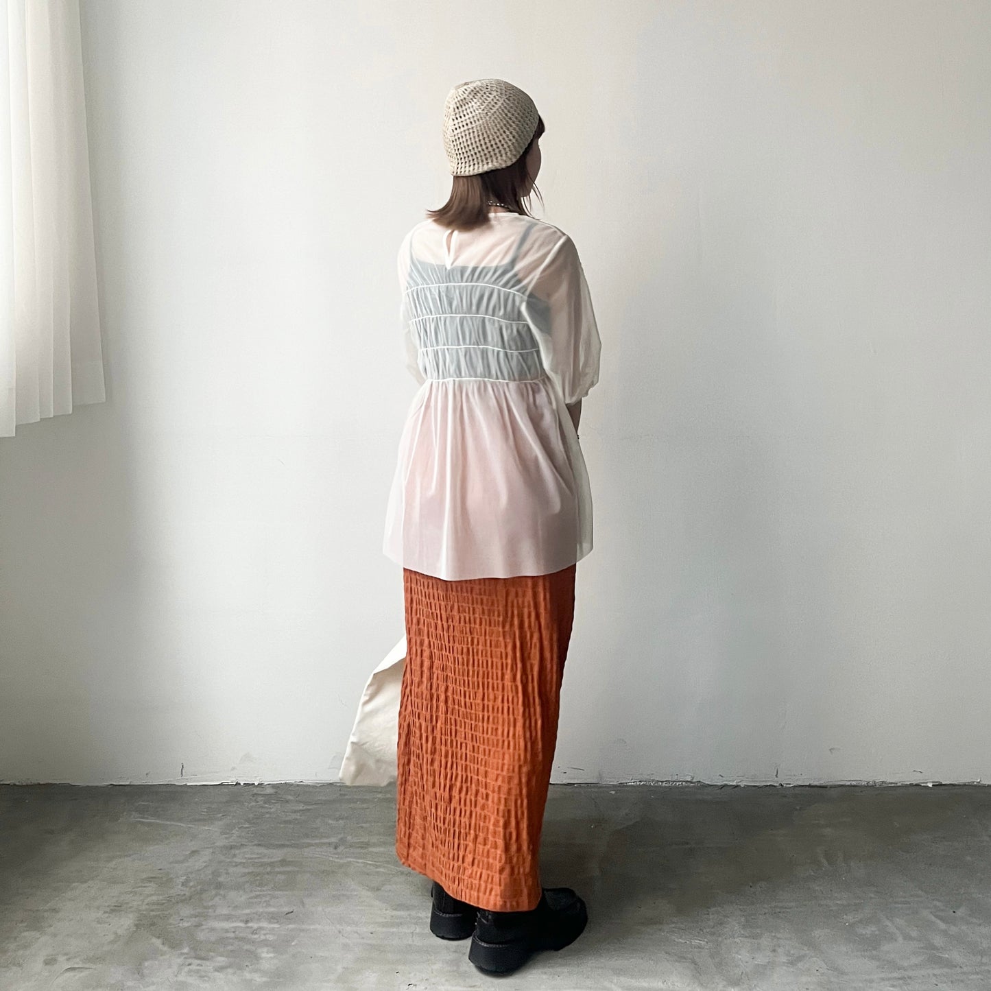 SK78- Checked H line Skirt | White | Orange