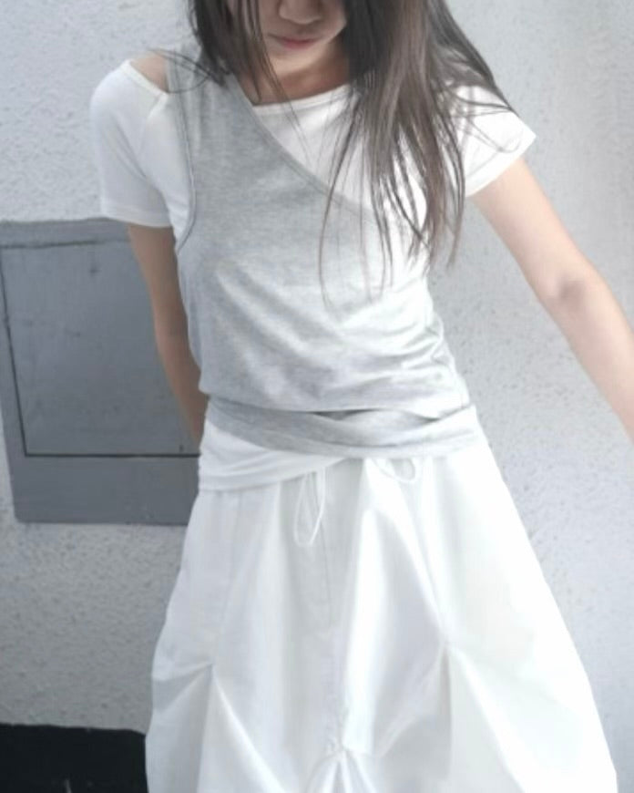 TP755- Off Shoulder 2 in 1 Top | Black x Light Grey | White x Grey | Deep Grey x Black ( 2件可分開 )