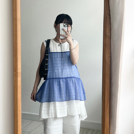 TP641- See-though Checked Vest | White | Blue | Black