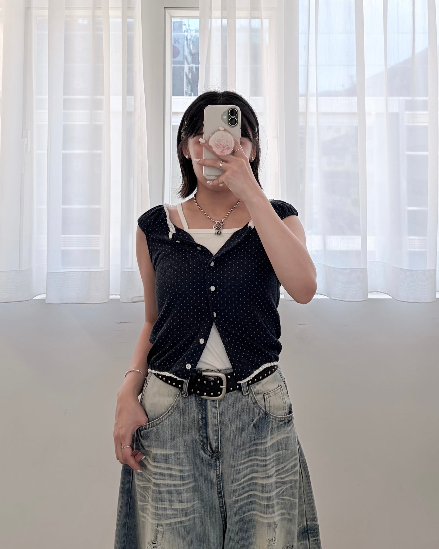 TP822- Small Dot Cute Vest Top | White | Navy