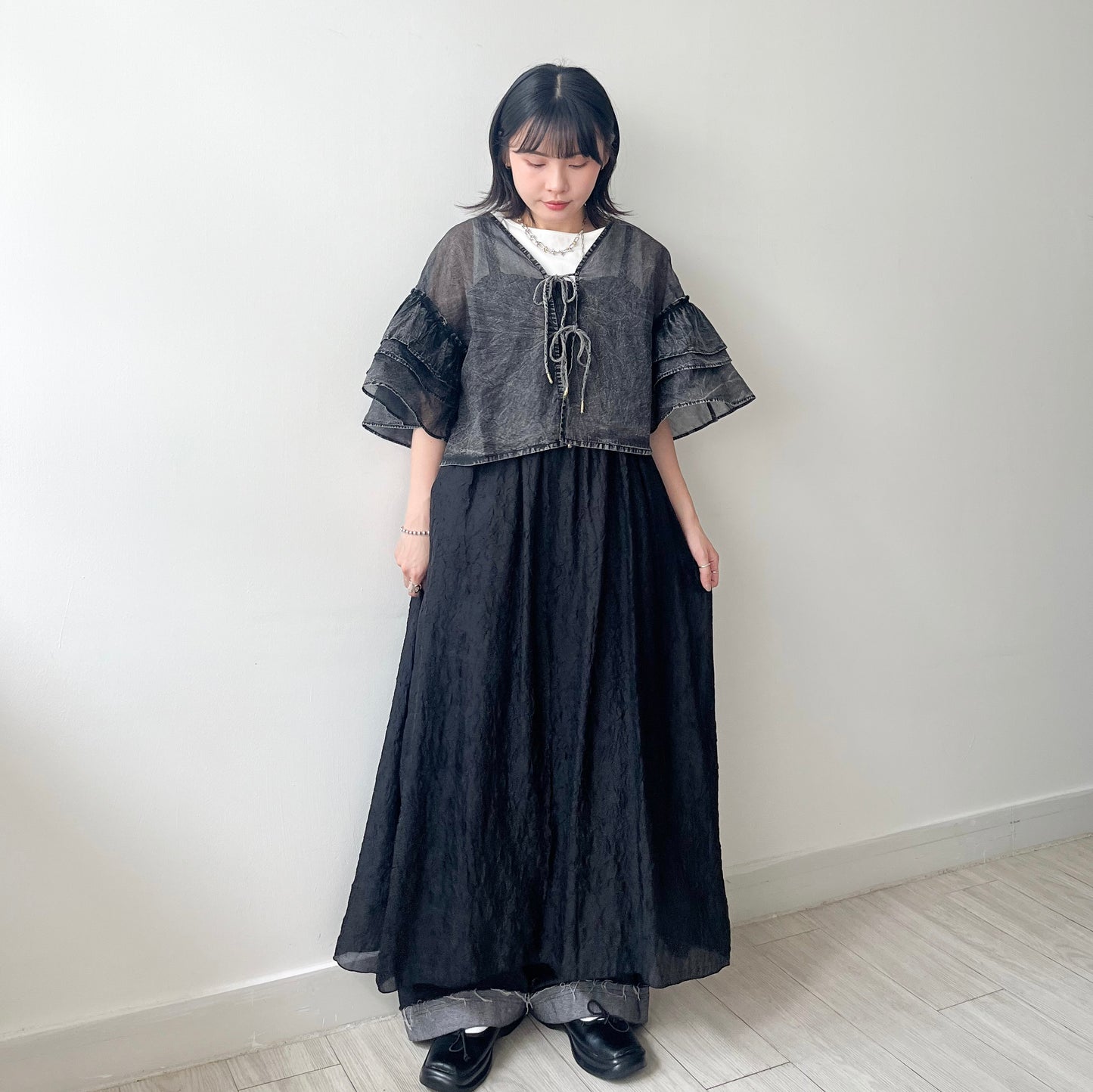 TP630- Ruffle Ribbon Cardigan | Grey Purple | Black