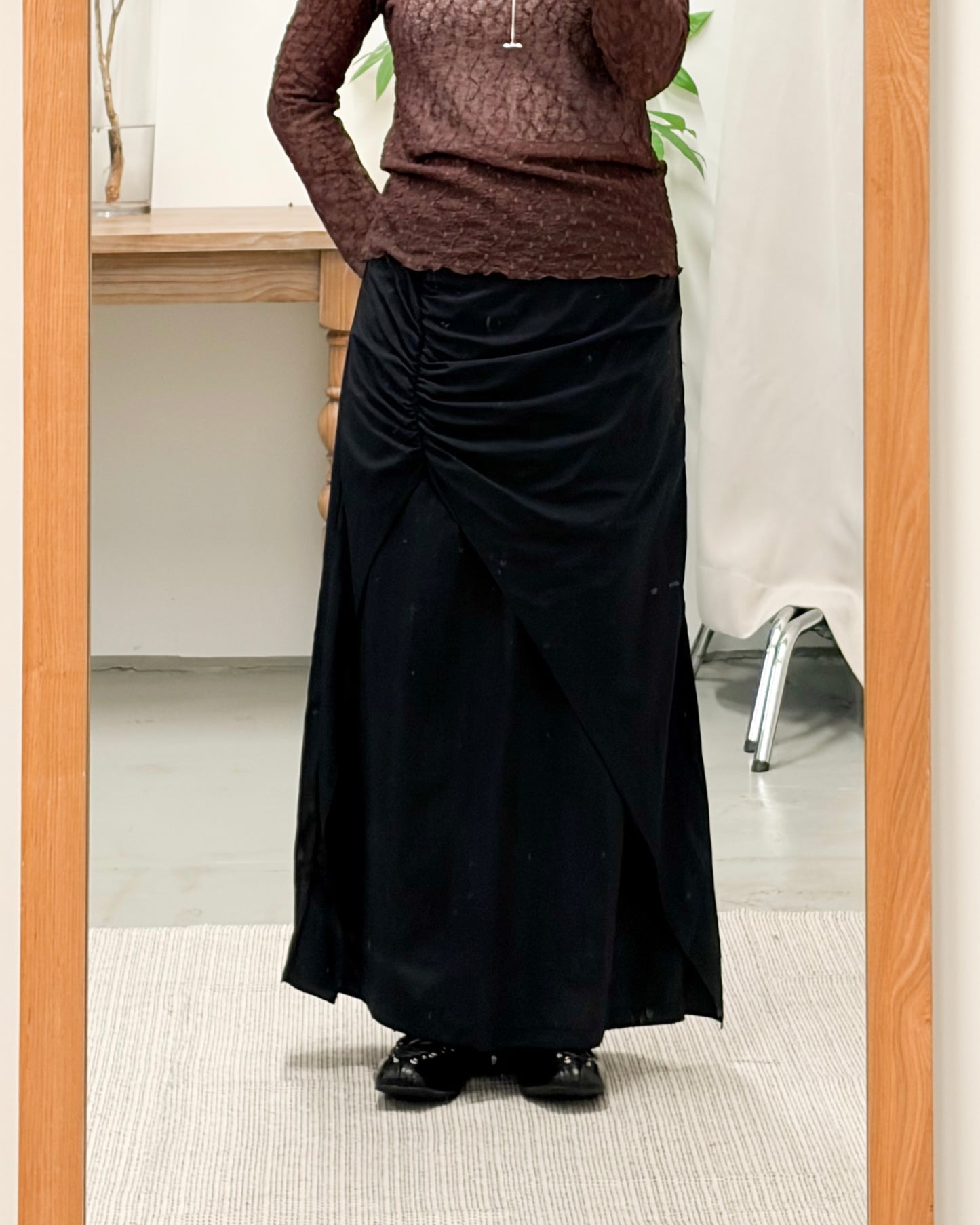 SK143- layer斜Cut打褶長裙 | Grey | Black