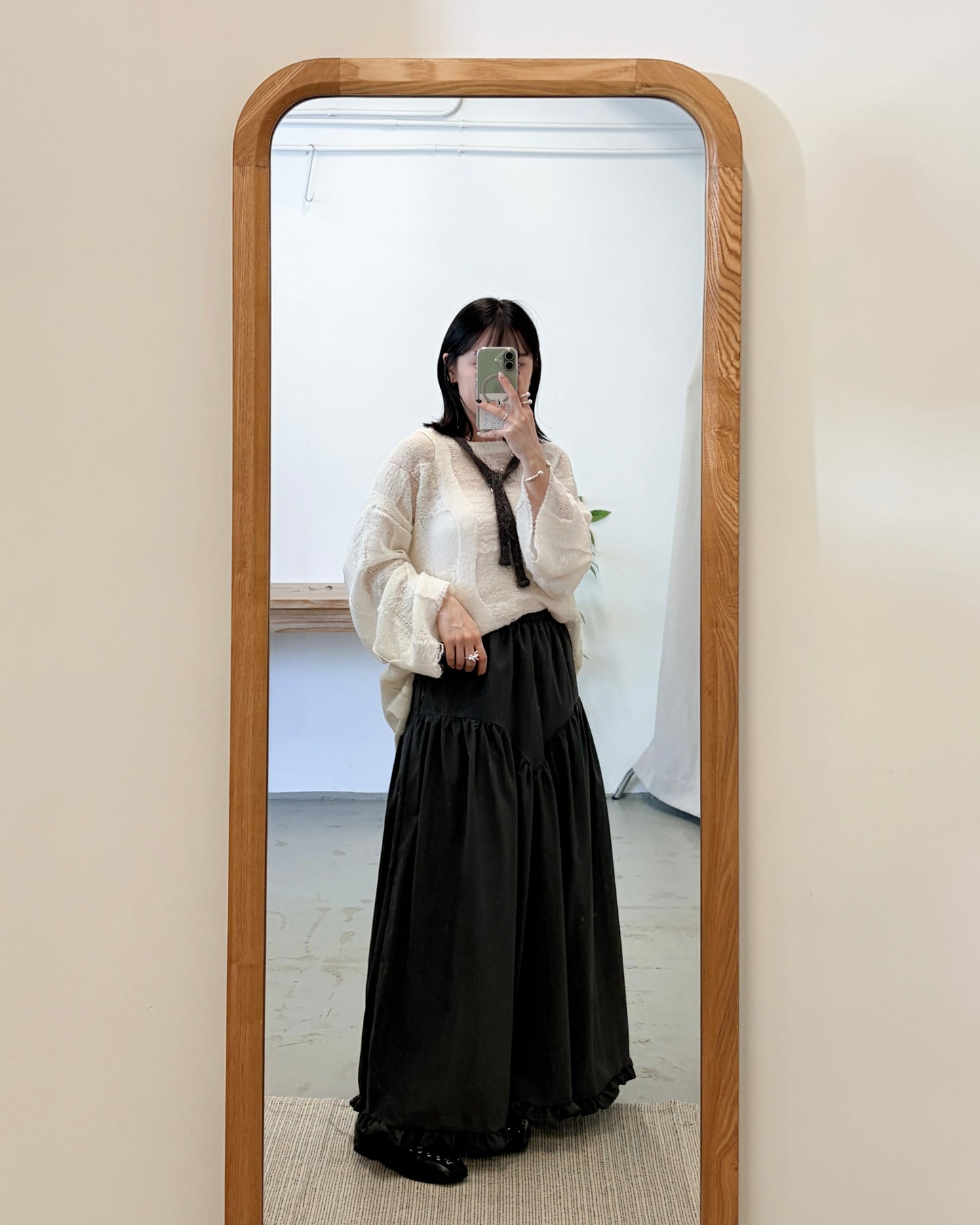 SK141- Ruffle Long Skirt | White | Charcoal