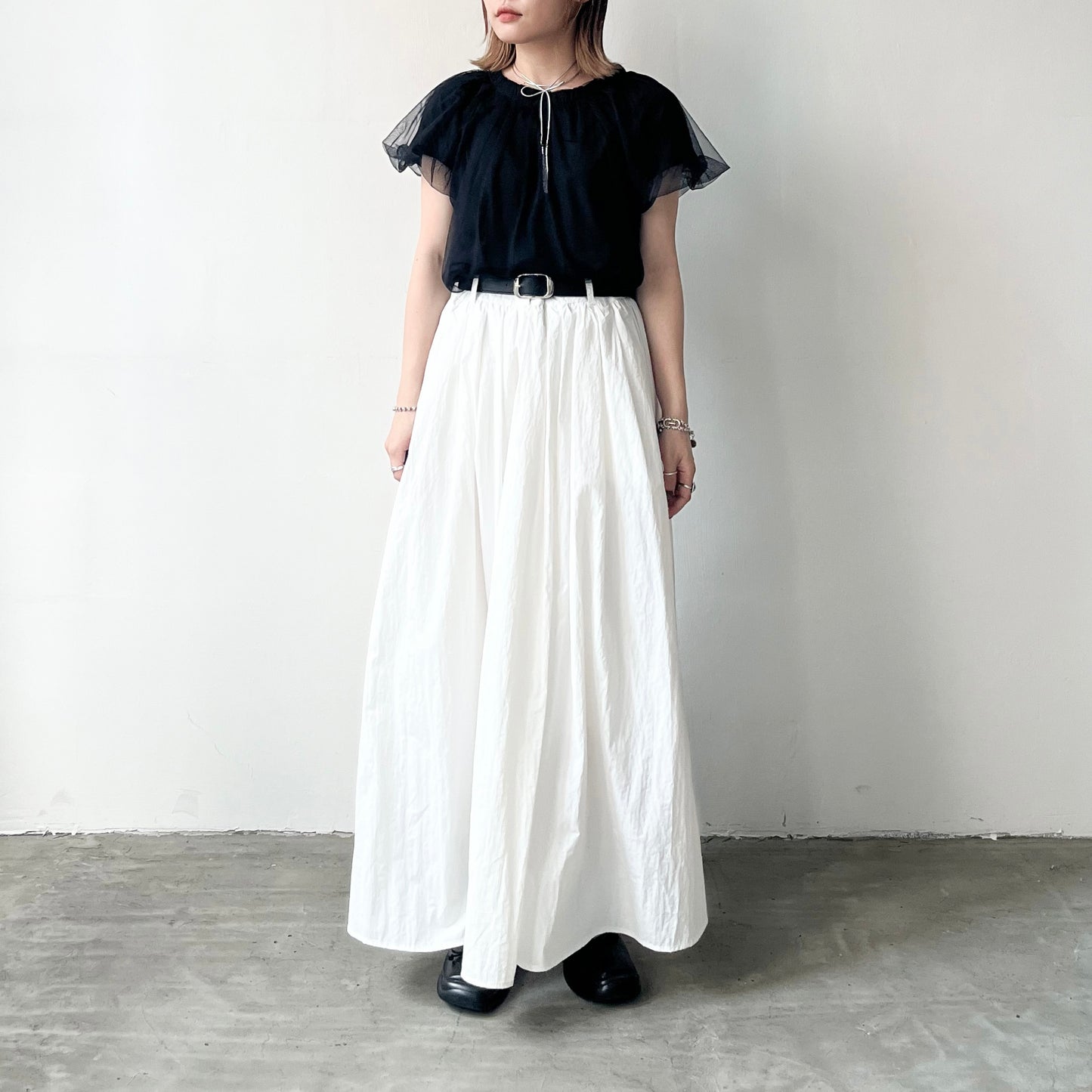 SK76- Umbrella Skirt With Belt | White | Black