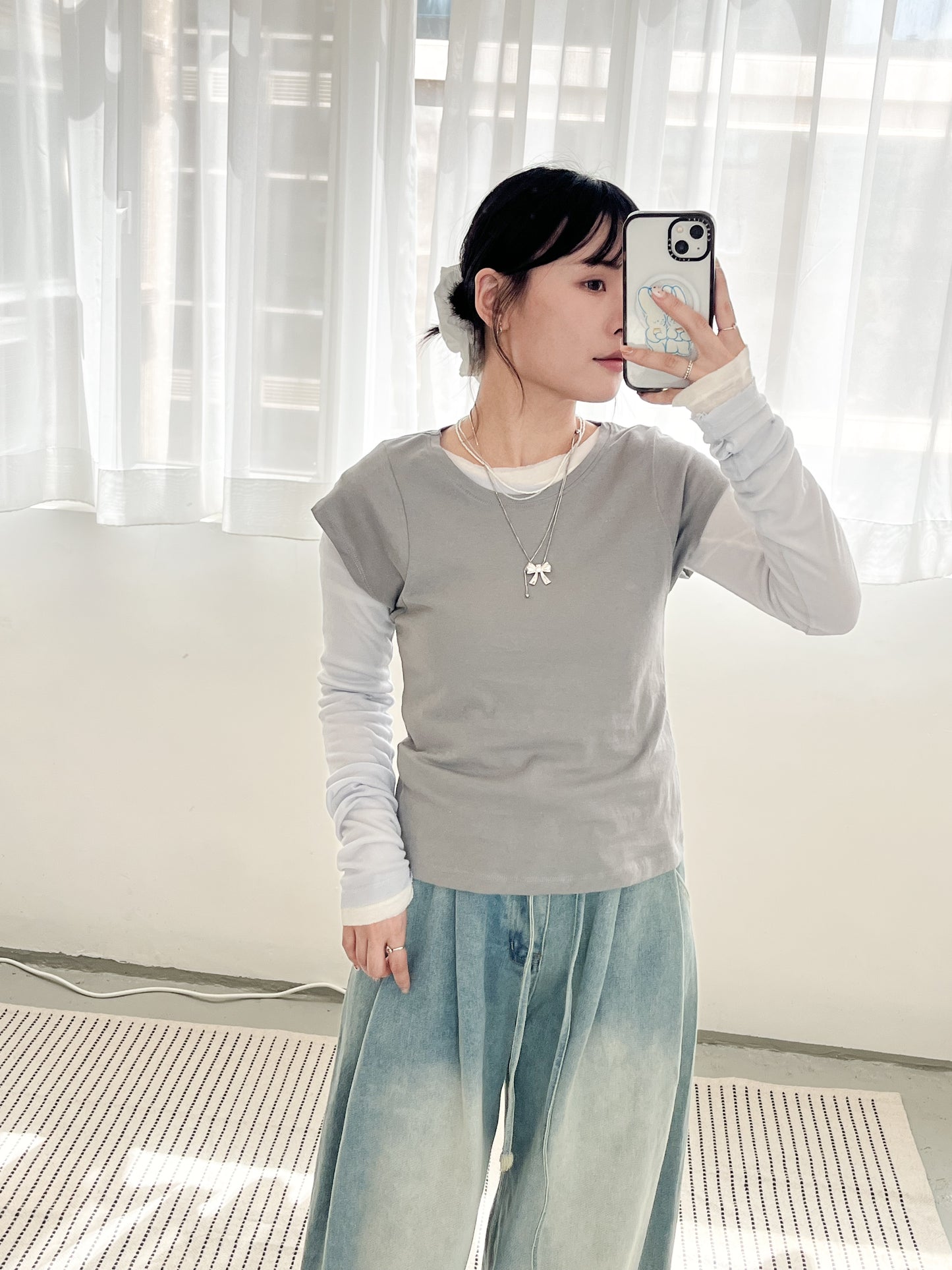 TP677- Long Sleeve Sheer Top | White | Pink | Blue | Grey