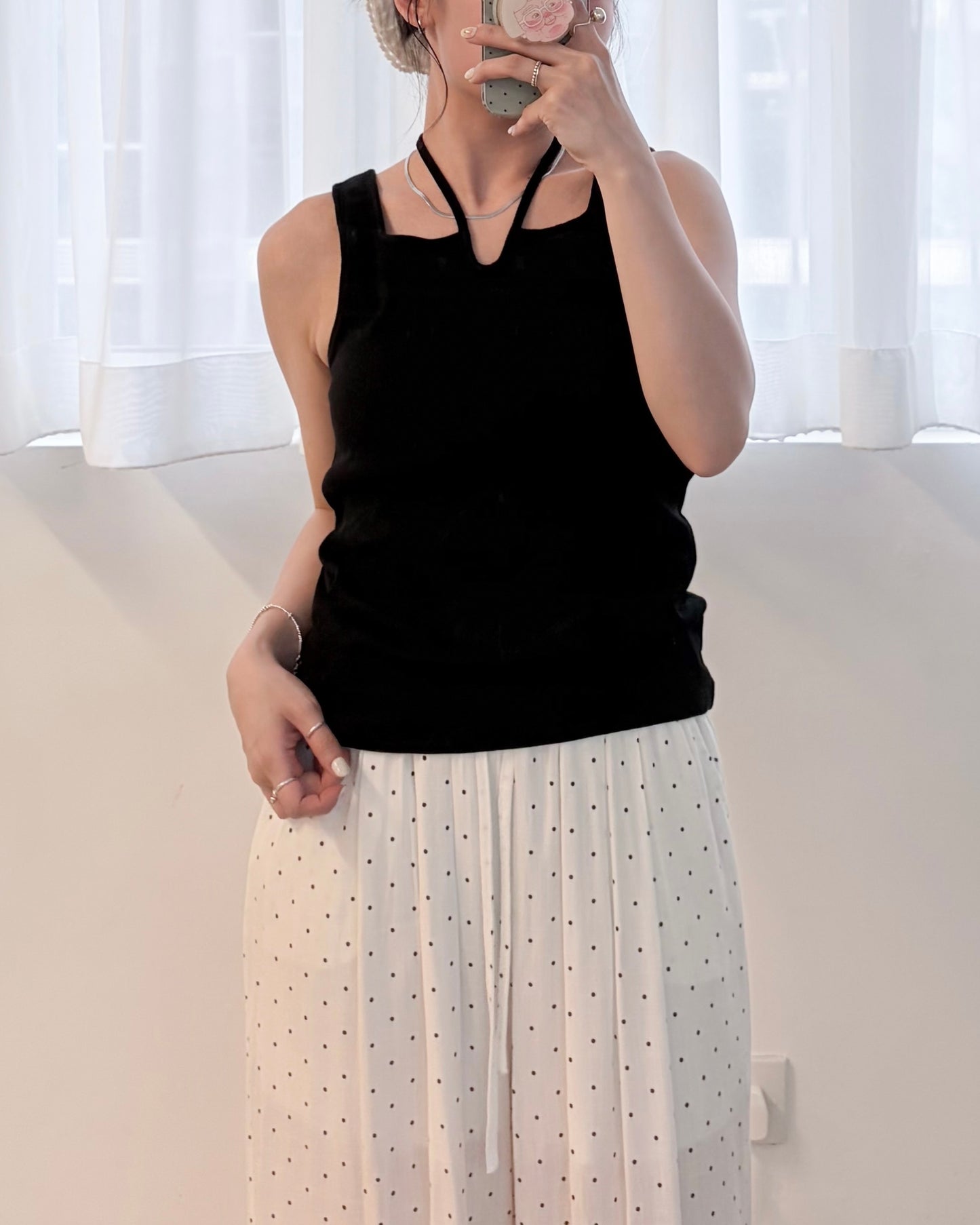 TP797- Corded Ribbon Tank Top With Cups | Ivory | Black
