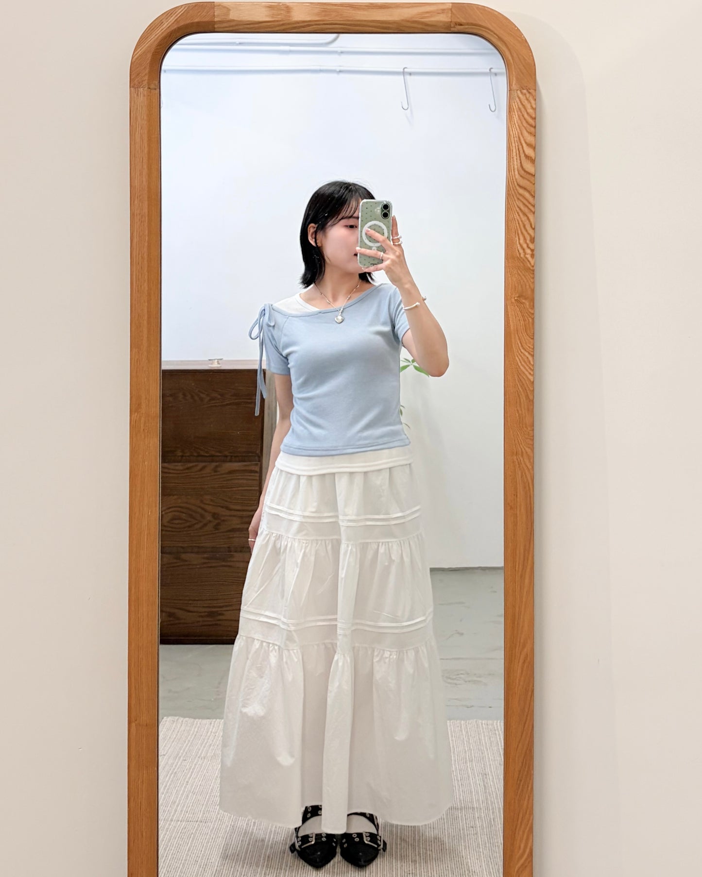 TP743- 2 in 1 Ribbon Sleeve Tee | White x Blue | Grey x Charcoal | White x Black