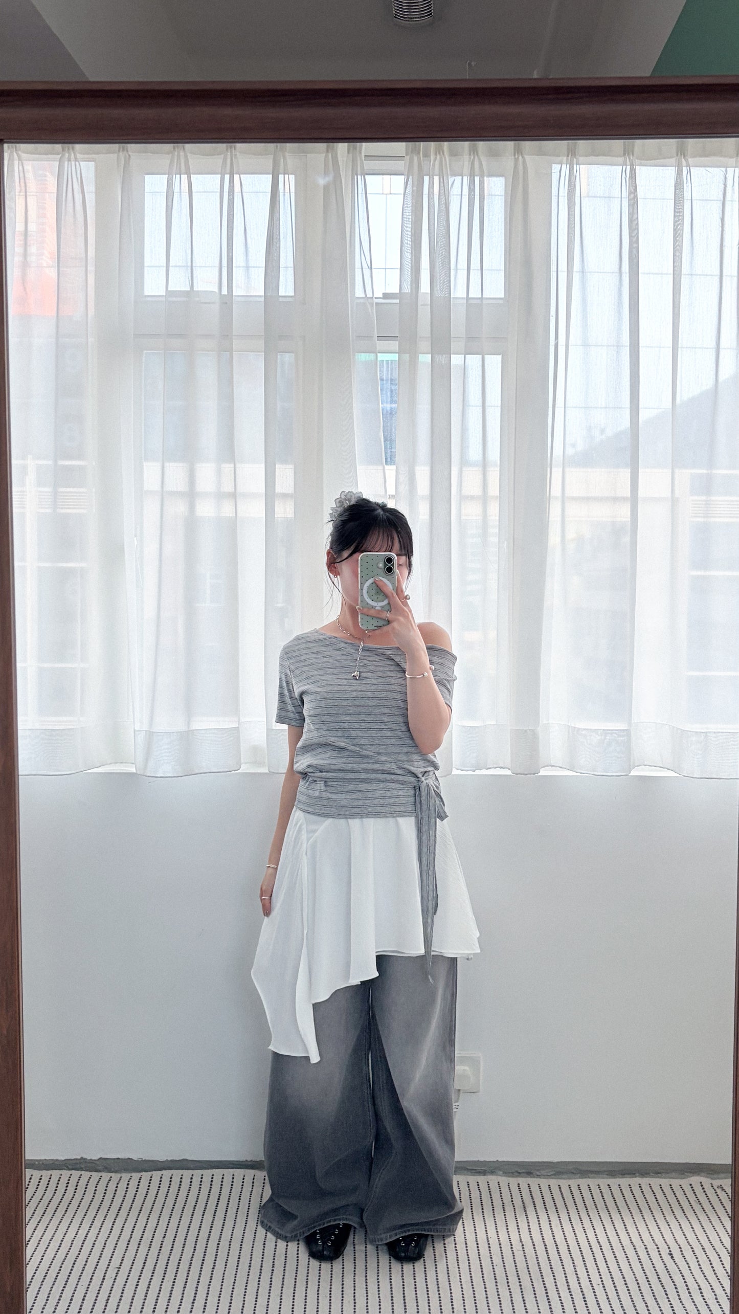 TP767- Stripe Off-shoulder Top With Neck Strap | White | Blue | Black