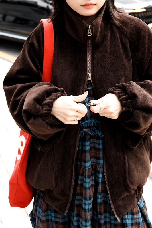 必入手！ JK45- 天鵝絨羊毛企領雙拉鍊外套 | Brown | Black ( 內有毛毛 )