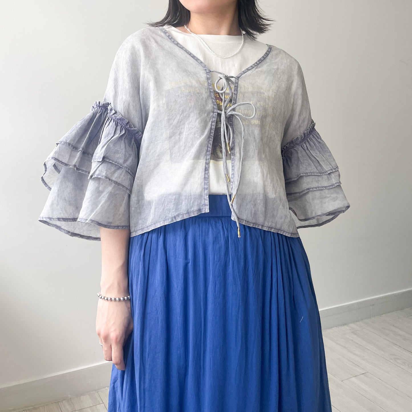 TP630- Ruffle Ribbon Cardigan | Grey Purple | Black