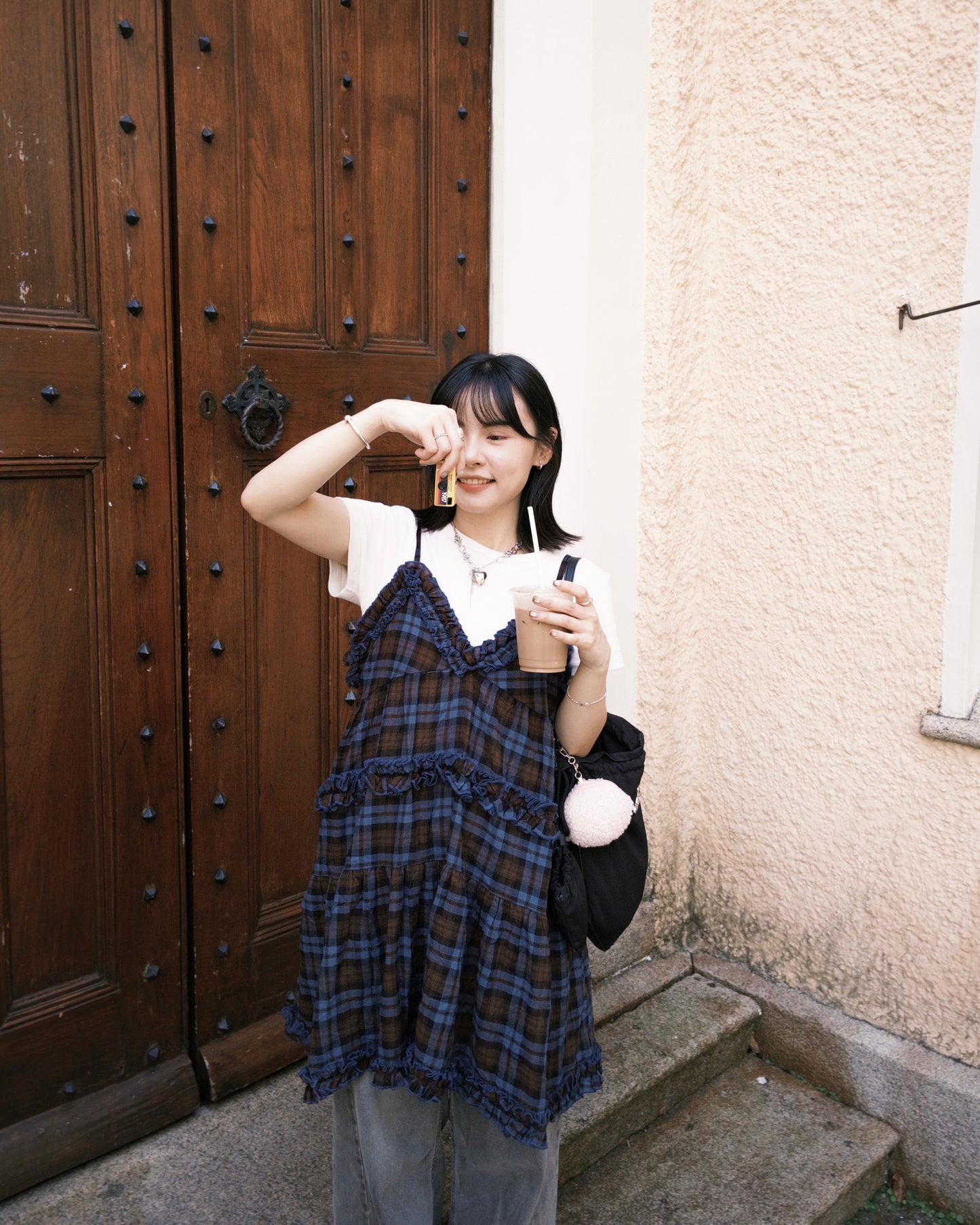 TP689- Ruffle Checked Vest Top | Navy