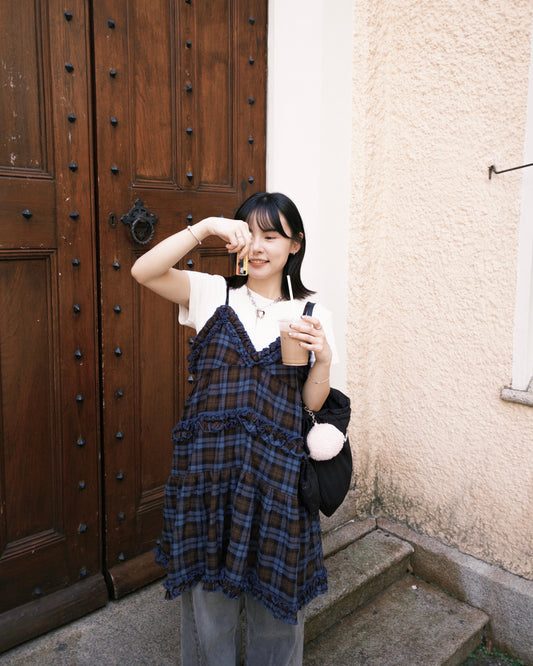 TP689- Ruffle Checked Vest Top | Navy