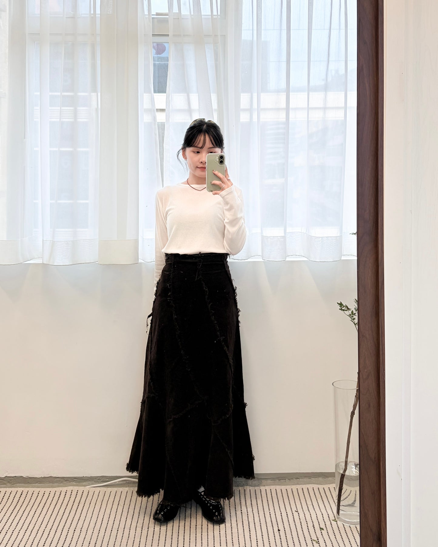 SK135- 薄燈芯絨破爛邊半截裙 ｜ Black | 棗紅色 | Brown