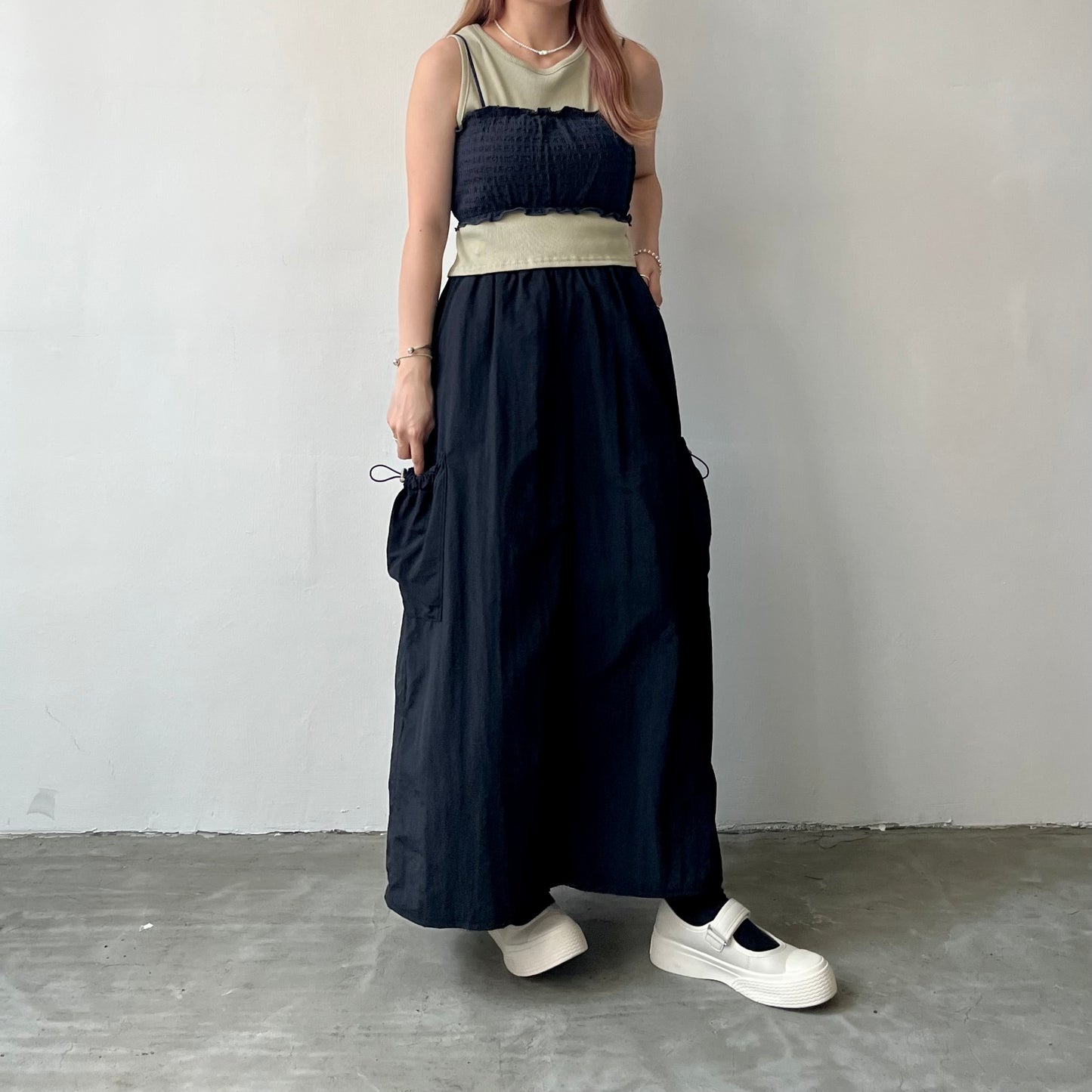 SK32- Two Drawstring Pocket Skirt | White | Blue | Black