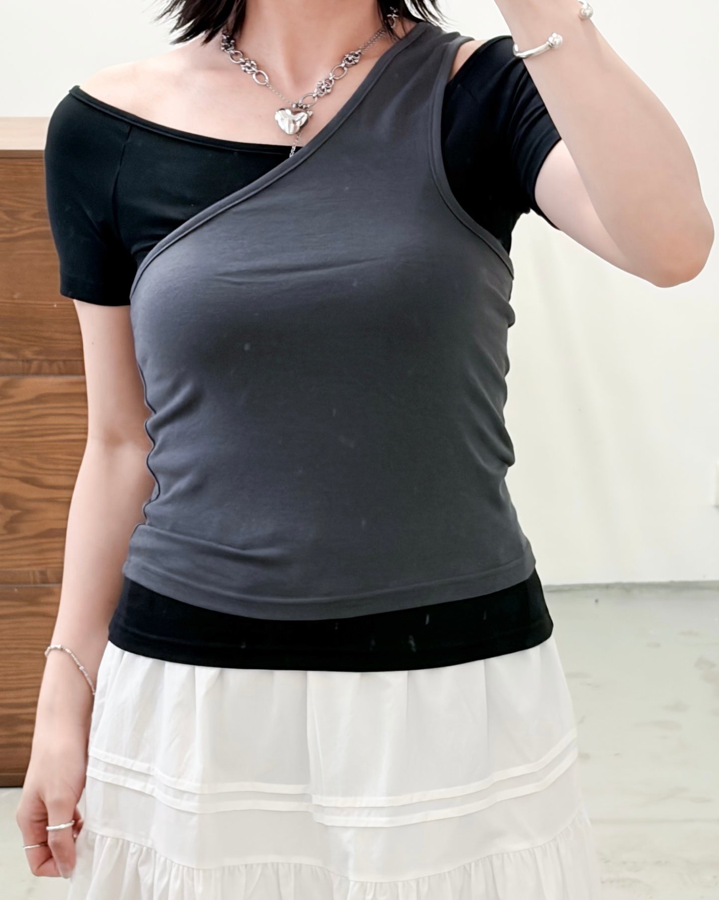TP755- Off Shoulder 2 in 1 Top | Black x Light Grey | White x Grey | Deep Grey x Black ( 2件可分開 )