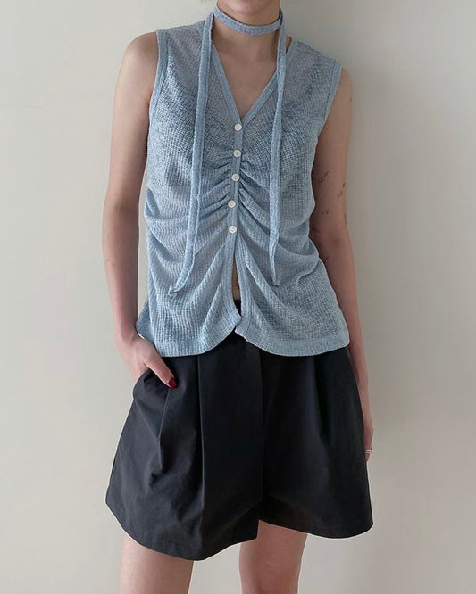 TP821- 網格皺皺連頸帶Set Top | Blue | Grey | Black