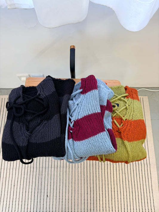 TP691- 拼色2 Ways Stripe Knit Top | Lime x Orange | Blue x Purple | Grey x Black