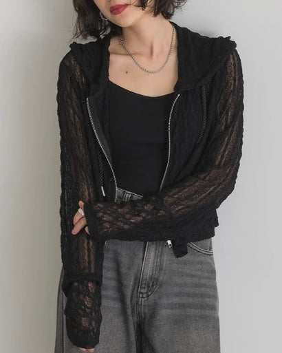 TP732- Zipped Switching Lace Top | Ivory | Black