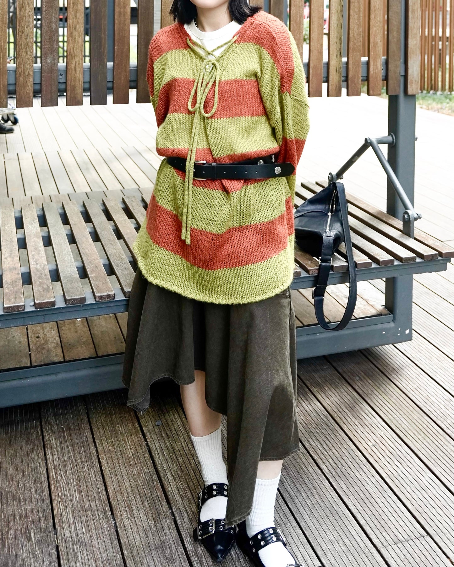 TP691- 拼色2 Ways Stripe Knit Top | Lime x Orange | Blue x Purple | Grey x Black