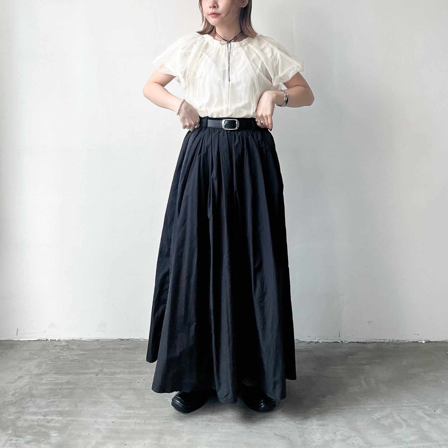 SK76- Umbrella Skirt With Belt | White | Black