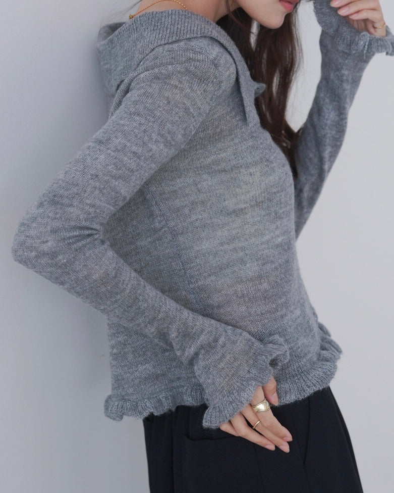 JK46- Ruffle Knit Cardigan | Grey | Brown