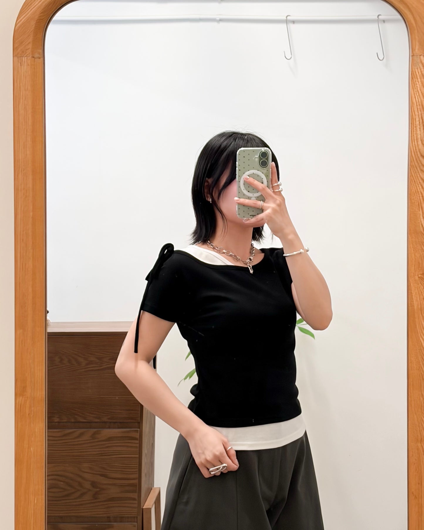 TP743- 2 in 1 Ribbon Sleeve Tee | White x Blue | Grey x Charcoal | White x Black