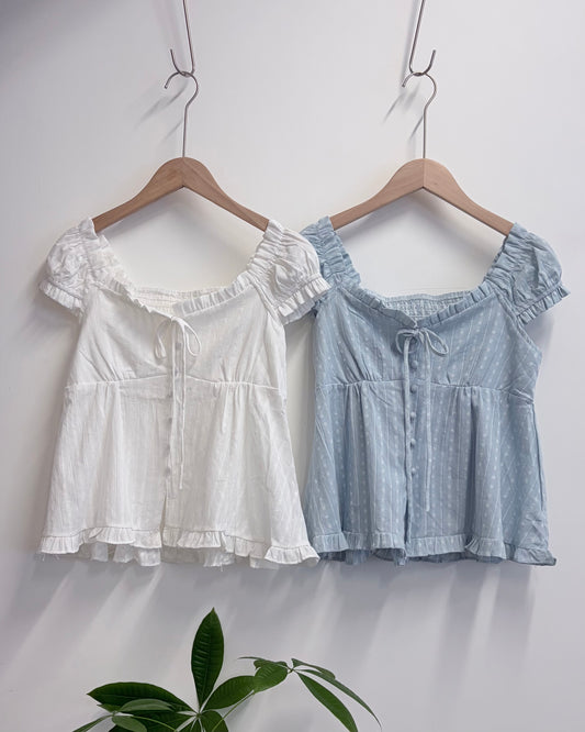 TP791- Babydoll Daisy Top | White | Blue