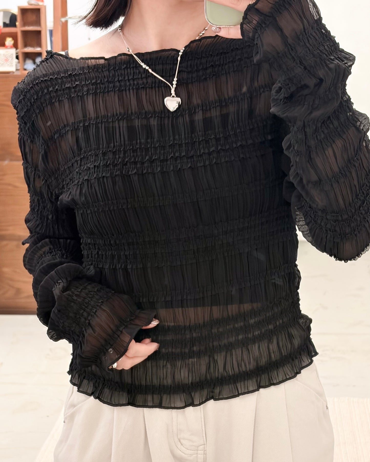 TP734- Smocked Blouse | Ivory | Black