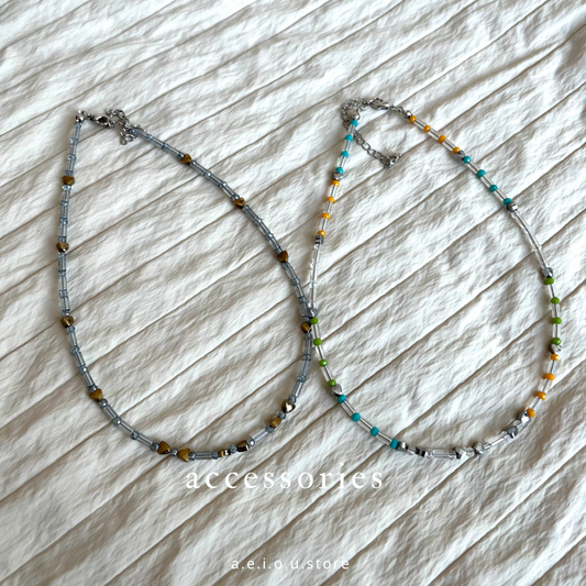 AC70- Heart mix Beaded Necklace | 橙綠 | 灰藍