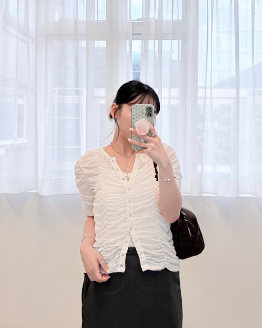 TP800- Shirring Short Sleeves Cardigan | White | Black