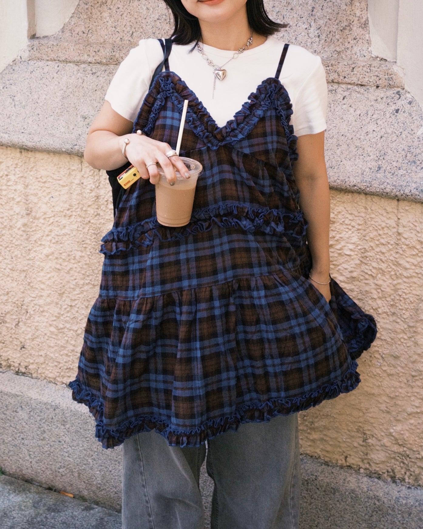 TP689- Ruffle Checked Vest Top | Navy