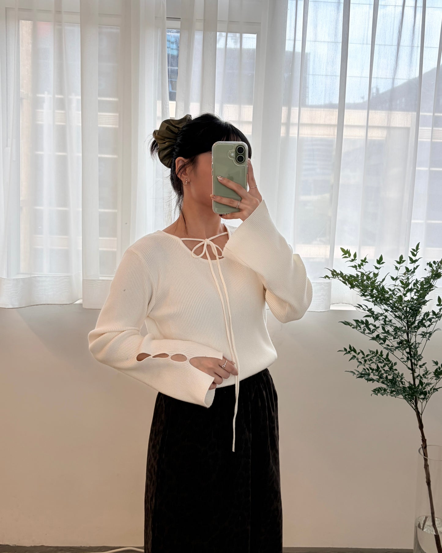 TP682- Neck String ribbon Knit Top |  Ivory | Blue | Black