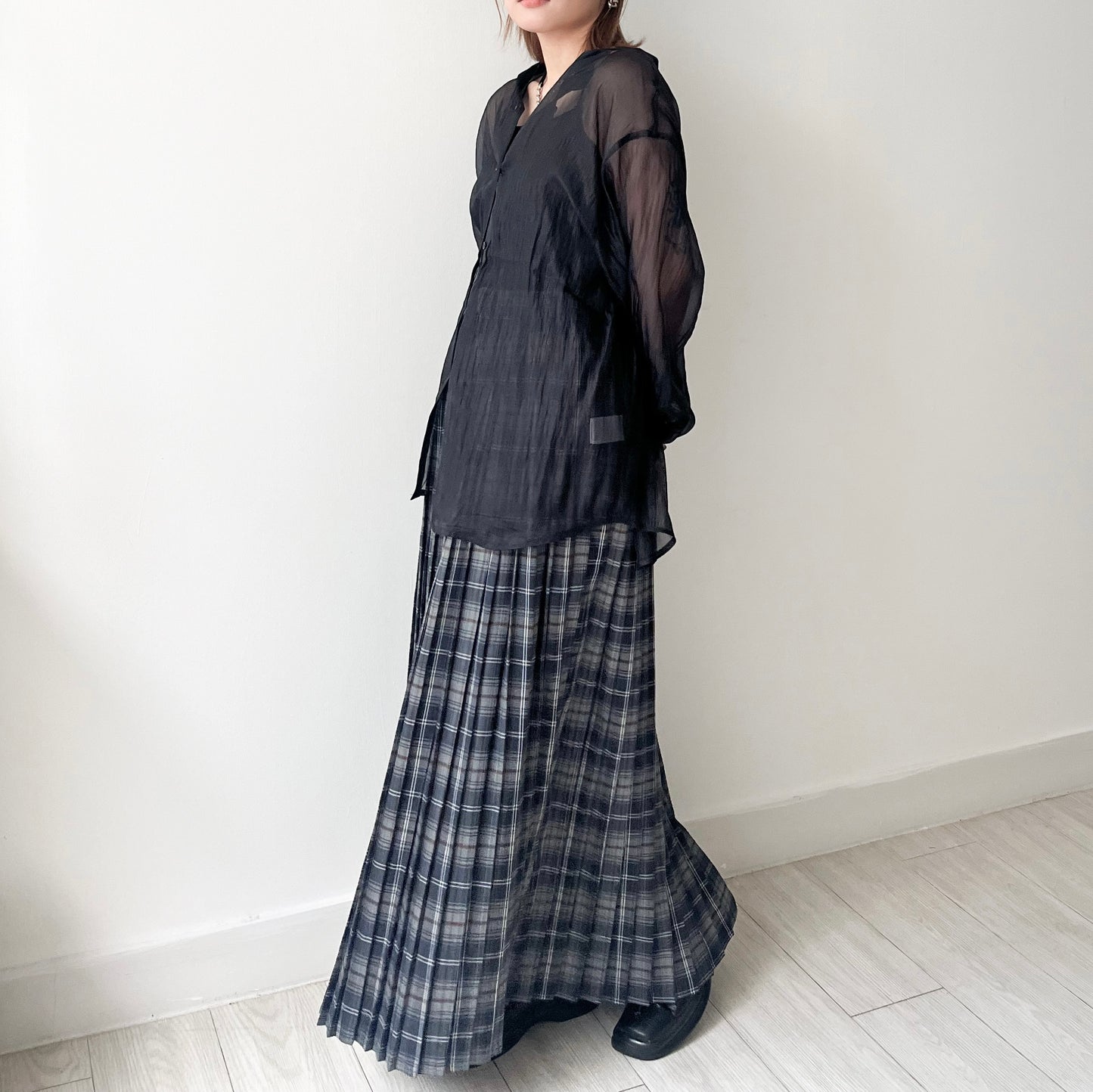 SK93- Check Pattern Pleated Skirt | Navy | Browm