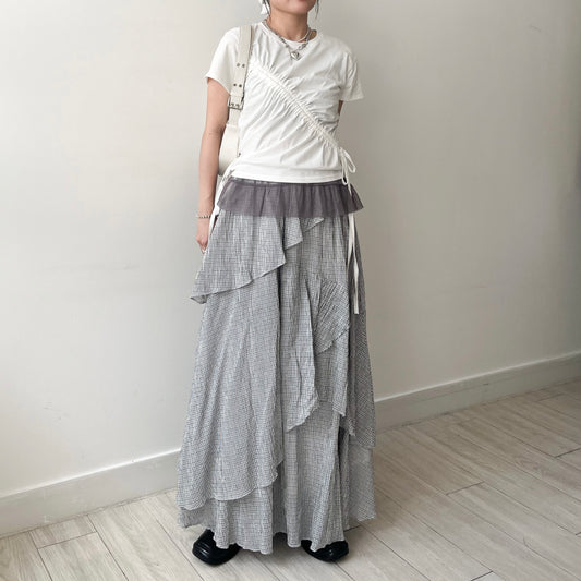 SK126- Checked Wave Skirt | White ｜ Black