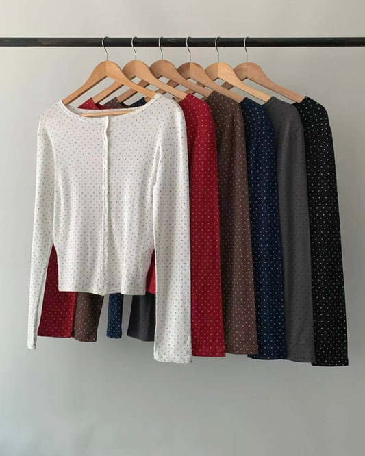 TP712- Small Dot Button Top / Cardigan | White | Red | Navy | Black | Grey | Brown