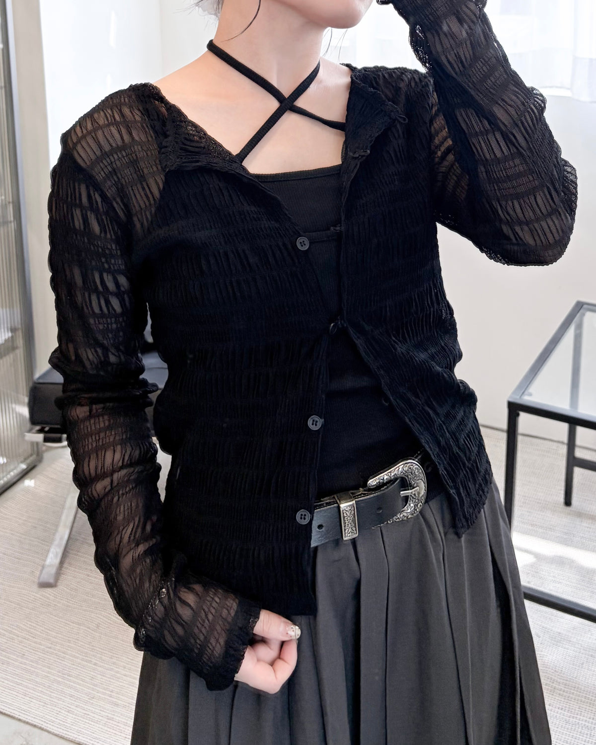TP842- 透膚皺皺Top | White | Brown | Black