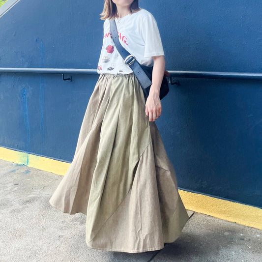 SK81- Cotton Line Skirt | Beige ｜　khaki