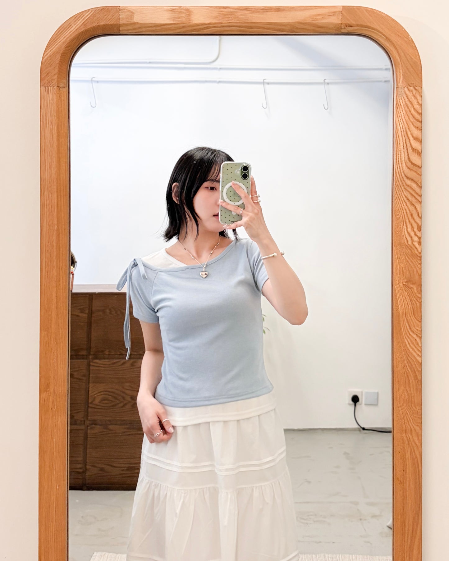 TP743- 2 in 1 Ribbon Sleeve Tee | White x Blue | Grey x Charcoal | White x Black