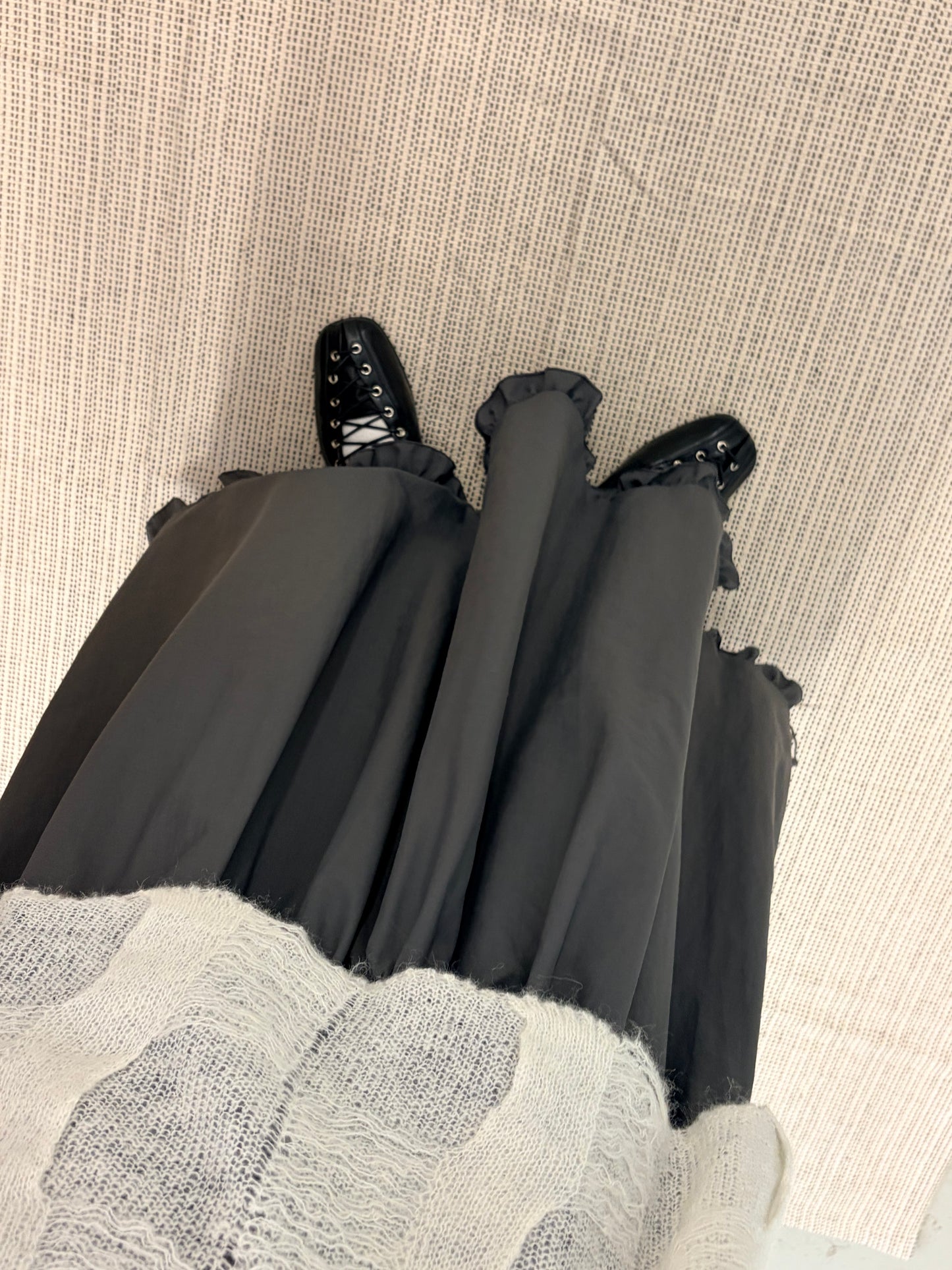 SK141- Ruffle Long Skirt | White | Charcoal