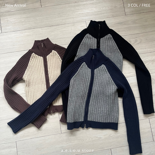 JK35- Raglan Double-zip Cardigan | Navy | Brown | Black