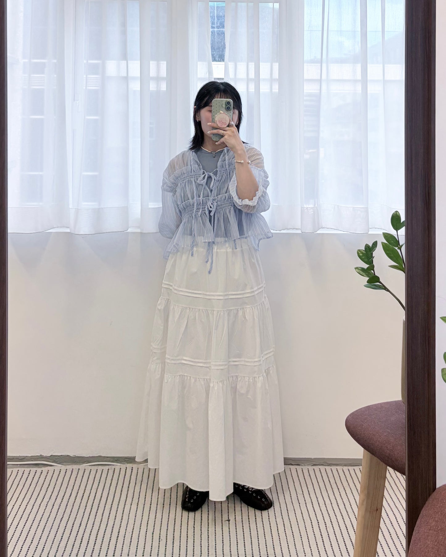 TP802- Front Ribbon Sheer Blouse | White | Blue | Stripe Yellow | Stripe Blue